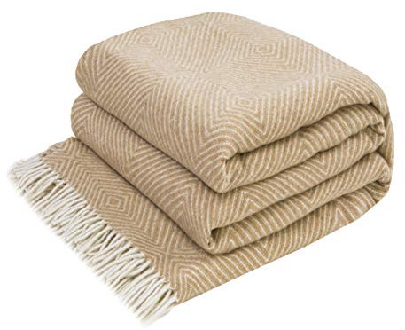LYHome Merino Decke - Kuscheldecke Tagesdecke Sofa Wolldecke, Blanket Überwurfdecke Sofadecke Wohndecke, Flauschige Couchdecke Merinodecke, Flauschig Warm Plaid (140x200 cm | Beige mit Weiß Rauten)