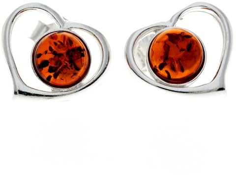 Äkta runda baltisk bärnsten och 925 sterling silver hjärtan örhängen - 5948, Papper Ädelsten Silver Amber, Bärnsten
