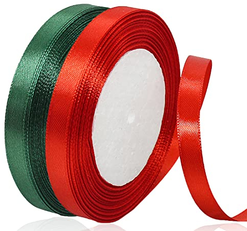 Geschenkband Weihnachten 10mm Rot und Grün Xmas Satinband 2 Rollen/45 Meter Schleifenband Stoffband für Geschenkverpackung, Weihnachtsbaum Dekoration, Weinachts Dekoration