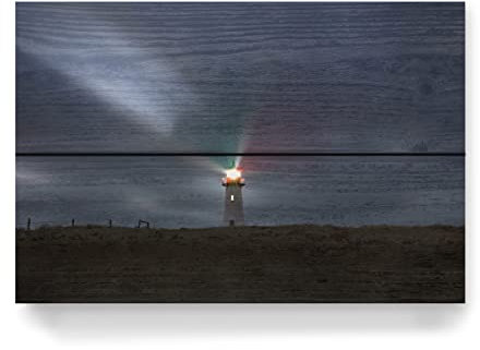 artboxONE Holzbild 30x20 cm Reise/Strand und Meer Leuchtturm im Dunkeln auf Sylt von Künstler Margarete Hönnscheidt
