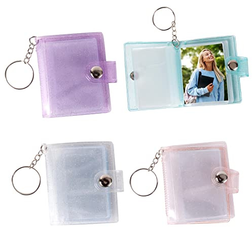 AWAVM Mini Fotoalbum Schlüsselanhänger,4 Stück 24Taschen Fotoaufbewahrung PVC Mini Kleines Fotoalbum Binder mit Schlüsselanhänger Klare Tasche Fotoalbum Schlüsselanhänger für Karten,Bilder,Ausweisfoto