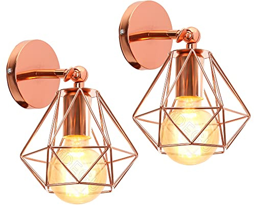 iDEGU 2 Stück Wandleuchten, Vintage Wandlampe Innen im Industrie Design 16cm Käfig Lampenschirm Roségold aus Metall Verstellbare Deckenleuchte Wandleuchte für Schlafzimmer Küche Flur Wohnzimmer