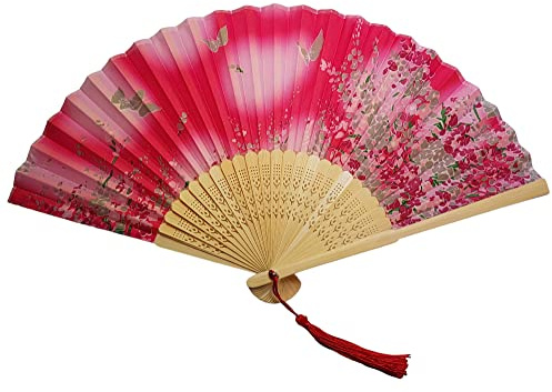 GFM® Bamboo and Silk Handheld Folding Chinese Hand Fan Wooden Wood Fans for Summer, Wedding, Party Favour etc (FLSLK-CH-28)