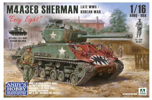M4A3E8 Sherman Easy Eight 1:16 Panzer Bausatz – Late War/Korean War Modell – Plastikmodell Andy’s Hobby Headquarters AHHQ-004 – bewegliche Ketten & Federung, Figur, Metallrohr, ungebaut, unbemalt
