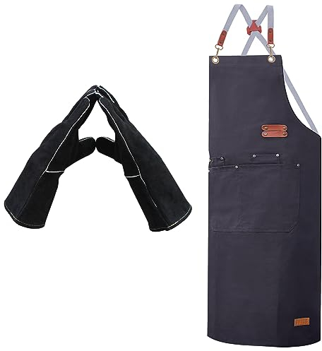 ETLEE Guanti da barbecue resistenti al calore 300 °C in pelle + grembiule da barbecue per uomini, guanti da forno e grembiule da cucina da uomo con bottoni in metallo, accessori per barbecue, cucina