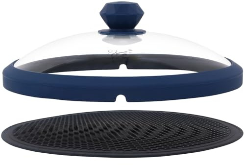 Glass Microwave Cover for Food 10.5 Inch Microwave Splatter Cover With Easy Grip Diamond Shape Handle Microwave Cover Glass Guard Lid Vented Edge Plate Cover for Heating Food (Dark Blue)