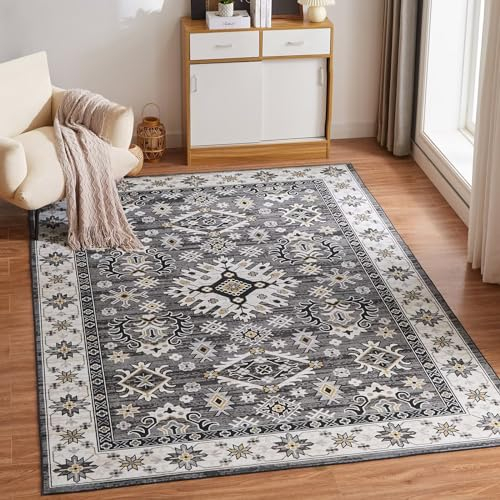 CHOSHOME Waschbarer Teppich Wohnzimmer 80x150CM Schlafzimmer Vintage Kurzflor Groß Weiche rutschfest Flauschiger Teppich Grau