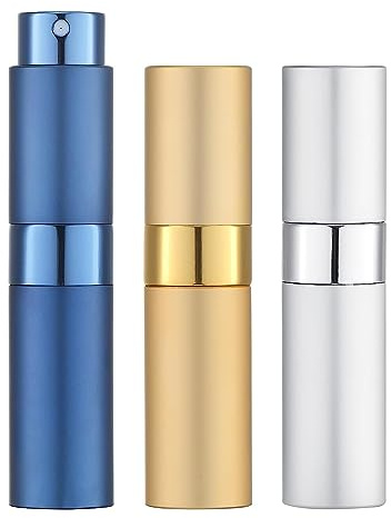 Toureal 8ML Parfum Zerstäuber Leer (3 Stück) Mini Spruehflasche, Parfüm Behälter, Parfümzerstäuber Nachfüllbar (Gold Silber Blau)