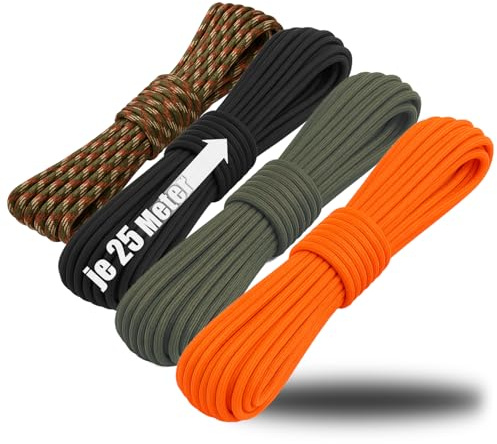 COM-FOUR® 4x paracordsnöre Ø 4 mm, 25 m - rep med 7 kärntrådar för båt, camping, utomhus - nylonrep med 250 kg lastkapacitet (4 stycken - färgglada)