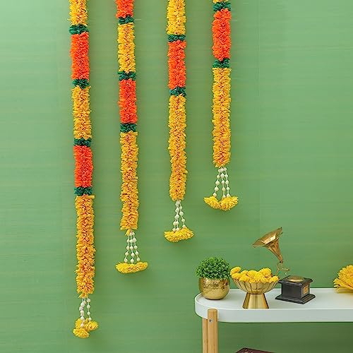 Indische gelbe orange künstliche Girlanden für indische Hochzeitsdekorationen, Solawood Blumengirlande Hintergrund, Diwali Mehndi Haldi Dekorationen, 1,7 m (2 Stück)