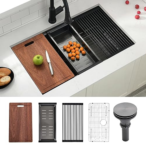 32x19 Black Workstation Kitchen Sink Undermount, Swift horse 32 Inch 16Gauge Black Stainless Steel Undermount Kitchen Sink, Single Bowl Workstation Kitchen Sinks with Built-In Accessories
