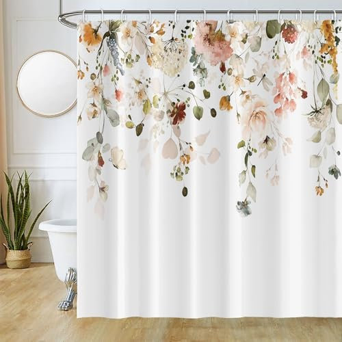 Uiiooazy Duschvorhang 200x180cm, Duschvorhang Anti Schimmel Grüne Blätter Eukalyptus Rosa Blumen Aquarell Duschvorhänge Stoff Waschbar Wasserdicht Polyester Bad Vorhang mit 12 Haken für Badezimmer