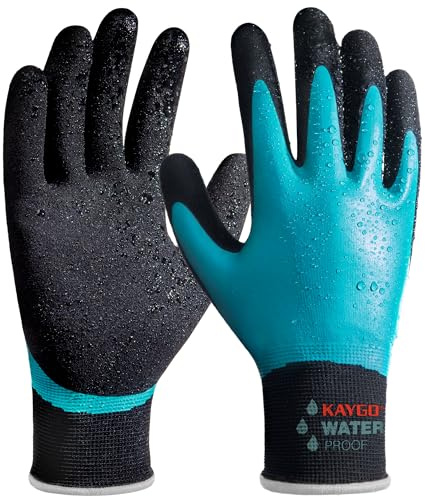 KAYGO Wasserdichte Arbeitshandschuhe für Herren und Damen, KG150L | Doppel Latex Beschichtung, Rutschfester Gut Grip für Garten Auto Waschen Fisch Reinigung (Blau, XL, Gr 10)
