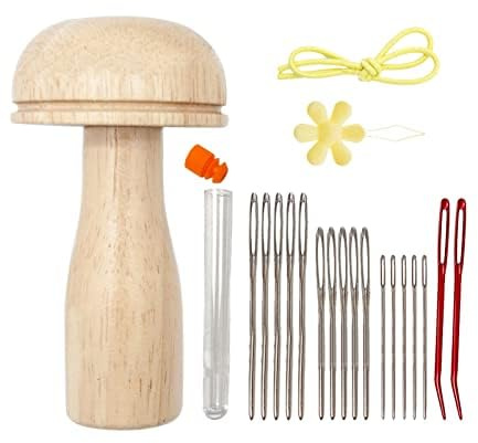 Darning Mushroom, Wooden Sewing Tool Embroidery Kit with Sewing Needles Blunt Aluminum Bent Tip Tapestry Needles Thread Set Mending Repair Embroidery Supplies Kit
