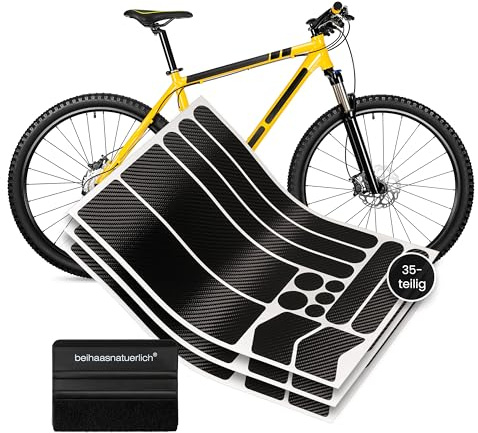 beihaasnatuerlich 35-teiliges Fahrrad Rahmenschutzfolie Set (0,15 mm Dick) – Stark Selbstklebende Lack- & Kratzschutzfolie für Mountainbikes, E-Bikes, Trekking & Rennräder, inkl. Rakel(Carbon schwarz)