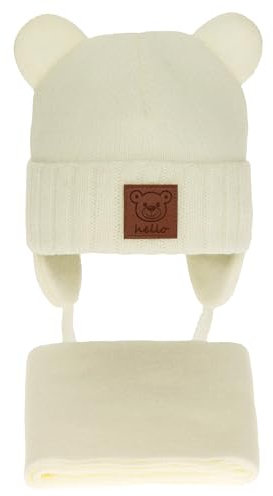 CiuchCiuch Set aus Mütze und Schal für Babys mit Ohren Hello - Wintermütze Mädchen Jungen Baby Kinder - Zu Weihnachten – Zur Taufe - Strickmütze mit Fleecefutter Beanie Cremefarben 46-48 cm