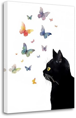 LZIMU Kätzchen Leinwandbilder schwarze Katze mit bunten Schmetterlingen Poster Aquarelldrucke niedliches Tierbild für Babyzimmer Kinderzimmer Dekoration(Bild-5, (30.00 x 45.00 cms))