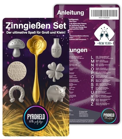 PYROHELD 3X 7-teiliges Zinngießen - Set: Traditionelles Gießen mit Zinn wie Bleigießen, inklusive Löffel & Deutungsbuch - Silvester & Neujahr 2026 & 2027