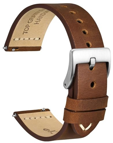 WOCCI 20mm Old-fashioned Watch Band for Men, Top Grain Leather, Silver Brushed Buckle (Caramel Brown)