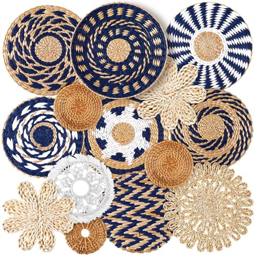 Xuhal 15 Pcs Boho Wall Basket Decor Handcrafted Seagrass Woven Wall Basket Rustic Round Woven Hanging Art for Home Farmhouse Kitchen Table Living Room(Blue Classic Style)