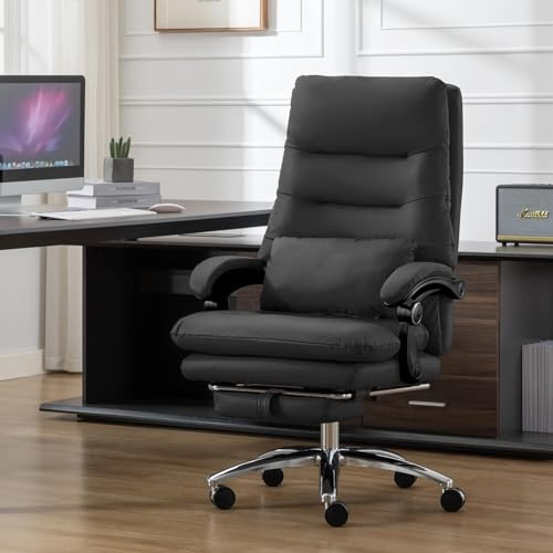 UEV Chaise de Bureau Ergonomique, Fauteuil de Bureau avec Coussins et Dossier à Double Couche, Repose-Pied, Pivotante, Inclinable jusqu'à 150°, Capacité 158kg, Hauteur Réglable, Noir