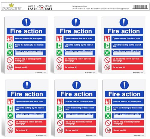 SAFETYKING® Fire Action Signs (6 Pack) 200mm x 150mm, Self Adhesive Vinyl Fire Action Notice Stickers, 20cm x 15cm, Safety Signage for Commercial and Public Spaces. BS-5499 Compliant, Made in UK.