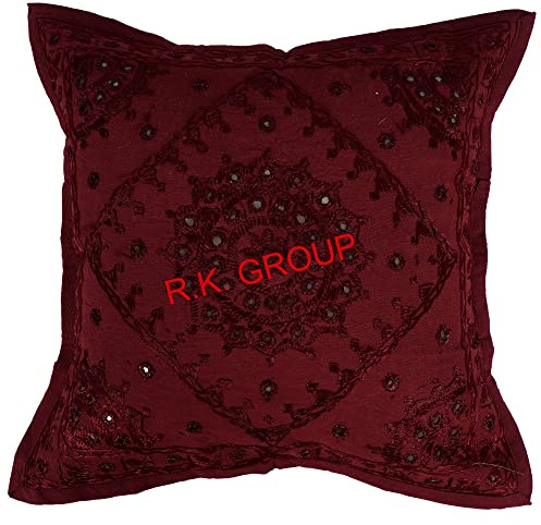 Shivanifashions Indian Handmade Mirror Embroidered Decorative Sofa Throw Pillow Cushion Cover Boho Bohemia (18X18 Inches) (Maroon, 18X18 Inches)