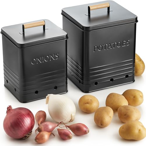 ZICOTO Schöne Kartoffelaufbewahrungsbox 2er Set für Küchenarbeitsplatte - Perfekte Aufbewahrungsbehälter für Zwiebeln, Knoblauch, Gemüse - Lebensmittelechtes Metallhalter-Mülltonnen-Set für Obst