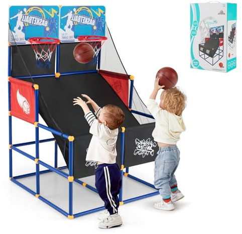 LIFEZEAL Jeu d'Arcade de Basket-Ball, Cerceau De Basket-Ball pour Enfants avec Support, Jeu De Basket-Ball pour 2 Joueurs avec 2 Paniers, 4 Ballons et Pompe, pour Garçons et Filles