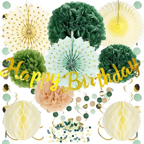 Decoración para Fiestas de Cumpleaños Reutilizable - Guirnalda, Pompones, Farolillos de Papel, Bolas de Panal, Confeti en Verde y Dorado