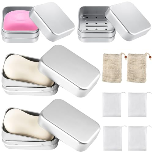 NINGYER 4 Pièces Boîte à Savon en Aluminium, Boite à Savon de Voyage Comprend 6 Sacs à Savon en Sisal/Nylon, Boites a Savons INOX avec Egouttoir pour Maison, Voyages, Savons Solide (Argent)