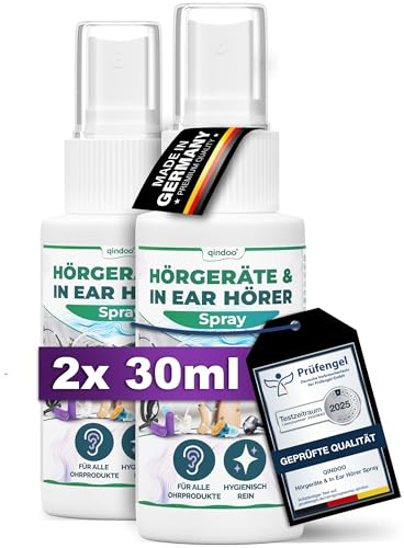 Qindoo Hörgerätespray entfernt Ohrenschmalz auch bei Kopfhörer, Headset oder In-Ear Ohrstöpsel, Hörgeräte Reinigung Spray, 30ml (2 Flaschen)