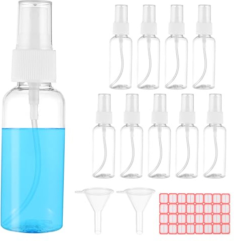 Qianyu Spray Bottles 2oz/50ml Clear Empty Fine Mist Plastic Mini Travel Bottle Set Small Refillable Liquid Containers 10 Pack with 2 Pcs Funnel 1 Pcs Labels for Essential Oils Travel Perfumes