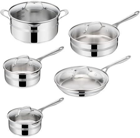 Jamie Oliver by T-fal Cook Smart 10-Piece Cookware Set, Uncoated Stainless Steel, Robust, Fast Heating, Even Cooking, Riveted Handle, Induction Safe, Oven and Dishwasher Safe