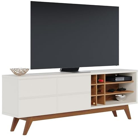 Meuble TV 75 Pouces Blanc Grisé et Chêne Pieds Bois 2 Portes 11 Niches L 180 H 64.2 P 36.5 cm