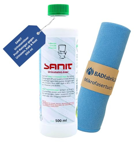 BADfabrik24 Sanit Urinsteinlöser 1 x 500 ml mit Mikrofasertuch 40 x 40 cm gegen Urinstein, Kalk und Rost für WC, Urinal, Bidet und Waschbecken