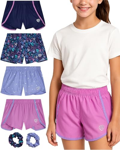 Body Glove Girls Athletic Shorts - 4 Pack Active Performance Fleece Running Short - Girls Gym Workout Dolphin Shorts, Size 7, Navy Hearts/Pink Purple