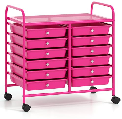 COSTWAY Rollwagen mit 12 stapelbaren Schubladen, Schubladenwagen (Hot Pink) | Rollcontainer mit Metallgestell & Ablagefläche, Badrollwagen Aufbewahrungswagen für Büro und Wohnzimmer, 64 x 38 x 62 cm