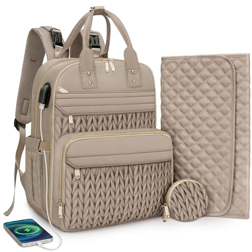 Diaper Bag Backpack, Waterproof Large Baby Bag with Changing Pad, Khaki
