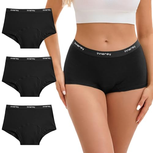 INNERSY Perioden Unterwäsche Schwarz Damen Boxershorts Baumwolle Menstruationsunterwäsche 3er Pack (XXL, 3 Schwarz)