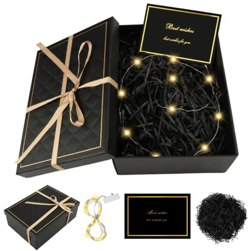 Geschenkbox mit Deckel, 25x18x8,5cm Geschenk Box mit Grußkarten Raffia | Dauerhaft Geschenkbox Geburtstag, Faltbare Geschenkkarton für Hochzeiten Weihnachten Jahrestag