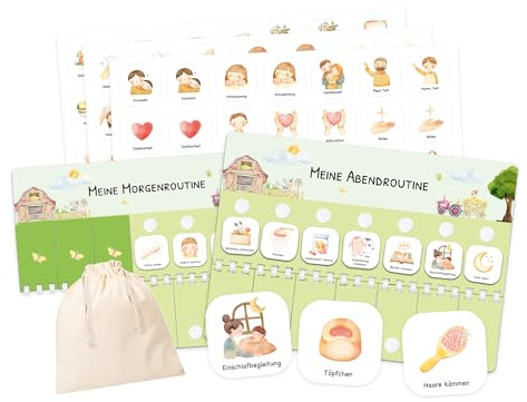Routine Planer Kinder für Morgenroutine und Abendroutine - Routineplaner, Tagesplan Kinder mit Klett-Punkten und 105 Symbolkärtchen, Montessori Planer, Routinehilfe zum Umklappen (Bauernhof)