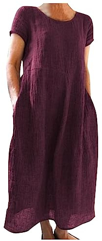 Faldas Mujer Verano Vestido Largo de Lino y algodón de Manga Corta de Color sólido Suelto cómodo de Verano para Mujer (4XL)