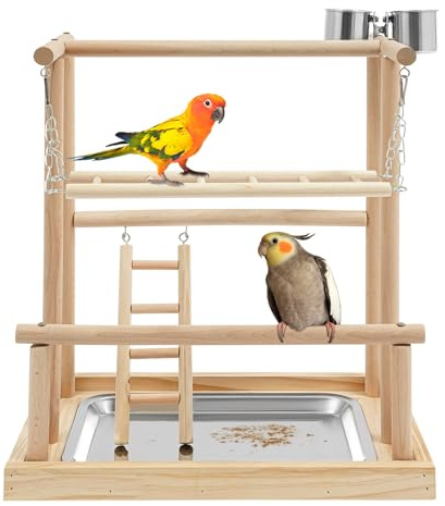 HarBin-Star - Papagei Vogelspielplatz, Holz Papageienständer mit Fressnäpfe & Tablett, Parrot Playstand, Wellensittich Spielzeug für Kleine bis Mittelgroße Vögel, 40 x 26 x 45.5cm
