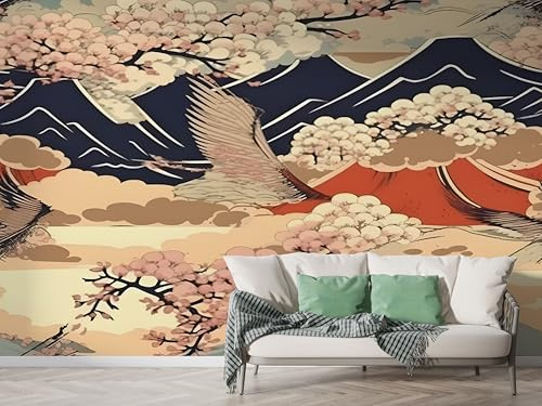 Boceoey Papier Peint Panoramique Japonais Mont Fuji 3D - Motif Japon Fleurs de Cerisier - Décoration Murale pour Salon & Chambre, Intissé Autocollant Papier Mural, 350x256 cm M-615