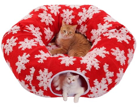 PAWZ Road Tunnel natalizio per gatti con letto per gatti da interni, 2 in 1 Tunnel letto per gatti a forma di ciambella sotto l'albero di Natale, tunnel giocattolo per gatti con cuscino lavabile per