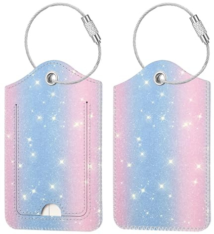 [2 Stück] Fintie Kofferanhänger mit Adressschild | Kunstleder Gepäckanhänger ID Etikett mit Edelstahl Drahtseil und Namenschild für Reisetasche Koffer, (Rosa/Blau)
