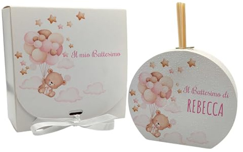 PV Grafik 2pz Diffusore Bomboniera Battesimo Femmina Personalizzato | Set con Bigliettino e Scatola | Nome, Data, Dedica – Tema Orsetto Volante con Palloncini – Made in Italy (40B)