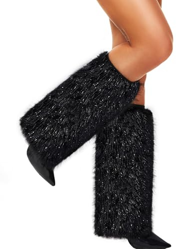 RSLOVE Women’s Furry Leg Warmers - Faux Fur Fluffy Boot Covers with Satin Lining for Halloween Christmas Rave Festival Outfit One Size Black