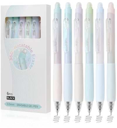 Erasable Pens, 6 Pack Fine Point 0.5mm Black Erasable Gel Pens with 360°Rotating Erasers, Make Mistakes Disappear, Comfort Grip for Drawing, Writing, Planning, and Crossword Puzzles (Black Ink)
